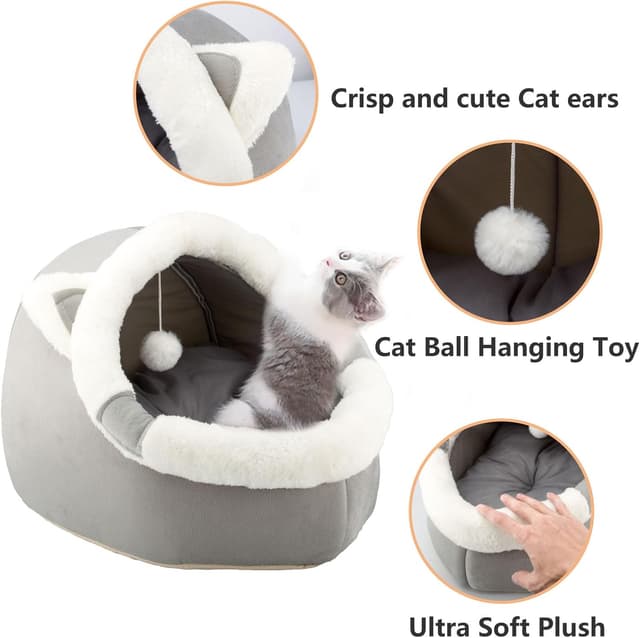 Detalle de ZNewYear Cat Beds for Indoor with Hanging Toy – Small Dog Cave Bed & Kitten Tent House with Removable Cushioned Pillow