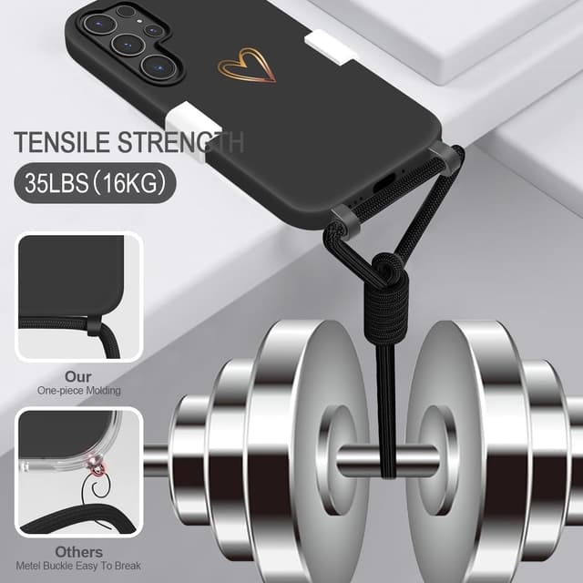 Detalle de Eherui Handyband-Hülle für Samsung Galaxy S25 Ultra mit abnehmbarer Kordel – Goldherz-Design (Liquid Silikon Case), schwarz