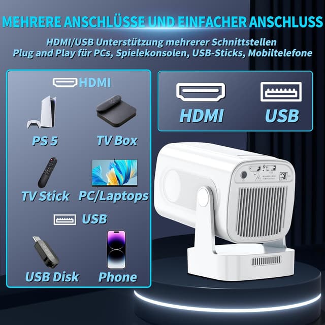 Detalle de Mini Beamer 4K 1080P (2026) mit Auto-Fokus, Trapezkorrektur, WiFi 6 & Bluetooth 5.4 – tragbarer Projektor in Weiß