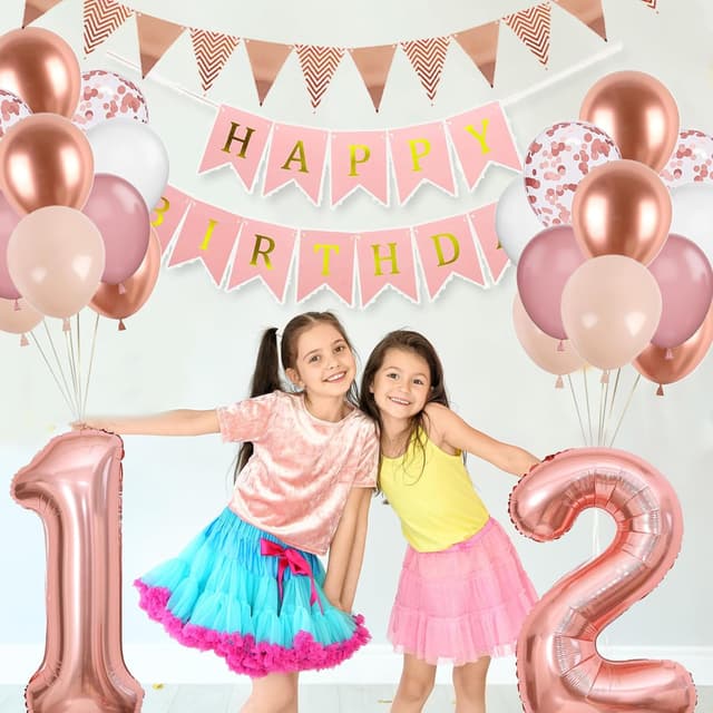 Detalle 2 de 12. Geburtstag Deko-Set Roségold mit Zahl 12 Luftballons und „Happy Birthday“-Banner (für Mädchen & Frauen)