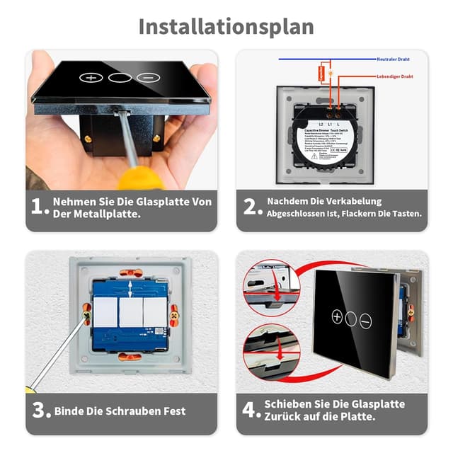 Thumbnail 6 de LIAONFOY Normaler Touch Dimmschalter Unterputz (Glas-Touch, LED-Dimmer) 110–240V, 86 mm, schwarz