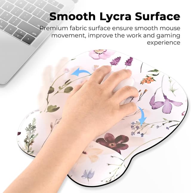 Detalle de EooCoo mouse mat with wrist support (memory foam) – ergonomic gaming desk accessory, white flowers