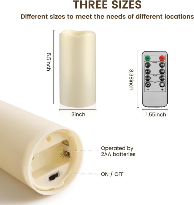 Detalle 2 de Nancia 2er-Set wasserdichte LED-Stumpenkerzen ohne Flamme mit Fernbedienung und Timer (D7 x H15 cm)