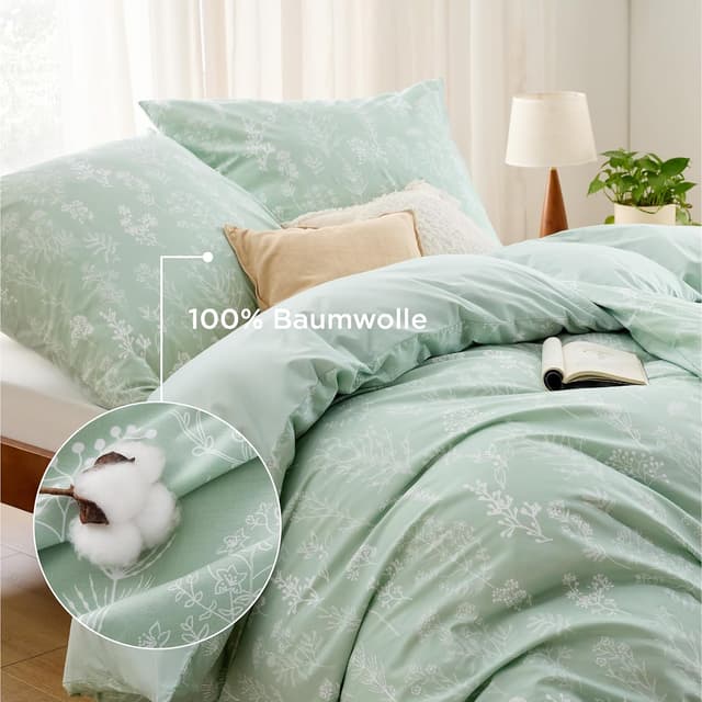 Detalle de BEDSURE Bettwäsche 135x200 (4-teilig) aus Baumwolle, grün mit Pflanzenblumen-Muster, mit Reißverschluss