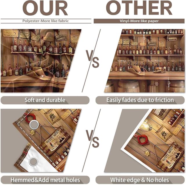 Detalle de Luminora 8x6ft Western Cowboy bar backdrop (rustic wooden house & wine barrels) for birthdays, parties and photo booths