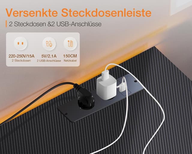 Detalle de ODK Gaming Tisch (Eckschreibtisch) 150×102 cm – reversibel mit 2 Steckdosen & 2 USB-Ladeanschlüssen