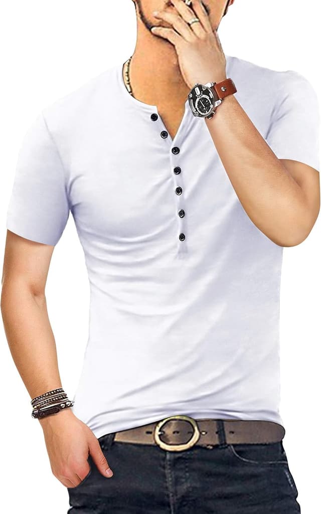 Detalle 2 de KUYIGO Herren Henley Slim-Fit T-Shirt aus Baumwolle (Kurzarm, 7 Knöpfe)