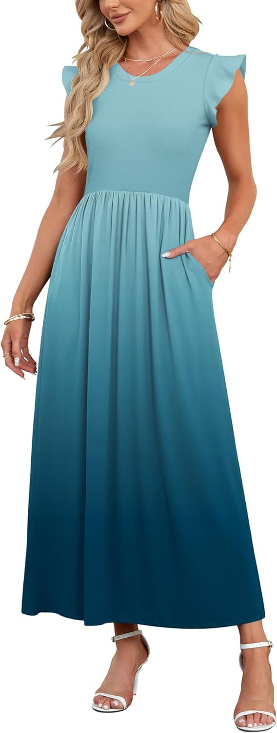 Detalle de AUSELILY Damen Sommer-Maxikleid mit Rundhalsausschnitt, Taschen, Rüschen & hoher Taille