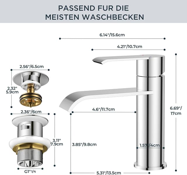Detalle de FORIOUS Bad-Wasserhahn mit Ablaufgarnitur & Einhebelmischer (schwarz) – Waschtischarmatur für wassersparenden Wasserfallfluss