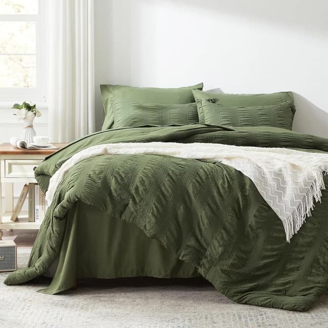 Detalle de Freyamy Seersucker Bettwäsche 135x200 cm (2-teilig) Olivengrün, geprägt Streifen, mit Reißverschluss