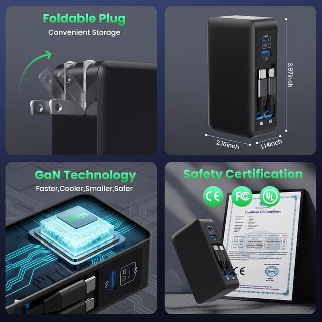 Detalle 2 de 120W USB-C Charger Block with Retractable Cables (2 Built-In Reels), 4-in-1 GaN Fast Wall Plug, PD 65W Laptop Adapter