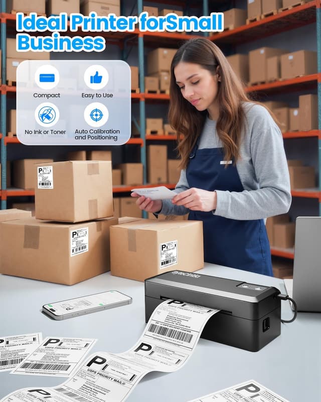 Detalle de ByteCintia Bluetooth & USB 4x6 Thermal Shipping Label Printer (203 dpi) for small business