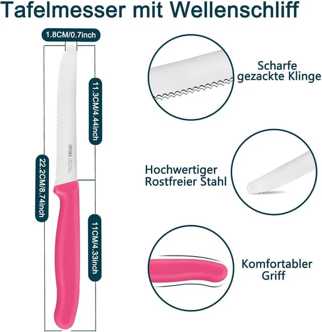 Detalle 2 de OPOLIA Tafelmesser-Set (12-teilig) mit Wellenschliff – Frühstücks-, Brötchen- und Tomatenmesser in Pink