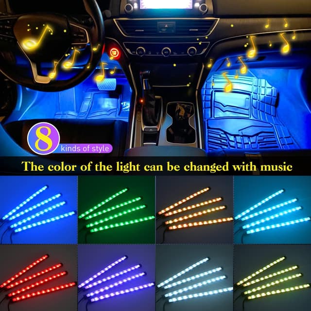 Detalle de Nilight 48-LED DC 5V Multicolor Music Car Strip Light Kit with Sound-Active + Wireless Remote (4 USB Interior Lights)