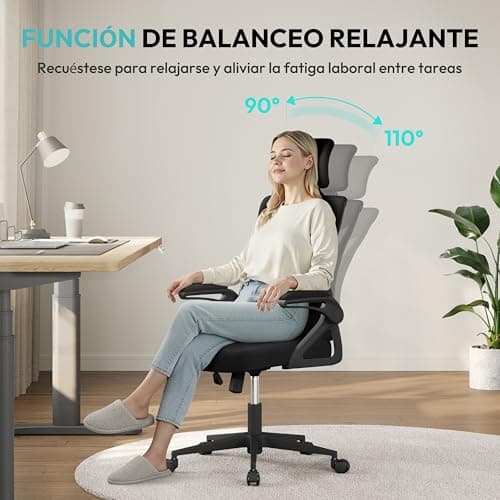 Detalle 2 de Yaheetech silla de oficina ergonómica con soporte lumbar ajustable, reposacabezas y base giratoria de 70 cm (negro)
