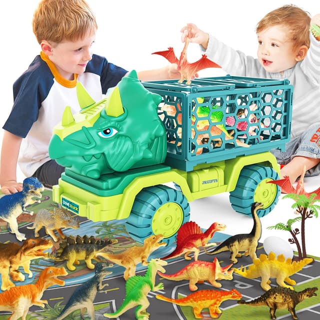 Detalle de Dinosaur Truck Toys for Kids (Triceratops) with 15 Dino Figures, Activity Play Mat & Dinosaur Eggs Set