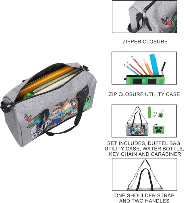 Detalle de Minecraft Monster Battle 5-Piece Duffel Bag Set by Bioworld – officially licensed travel kit for kids and teens