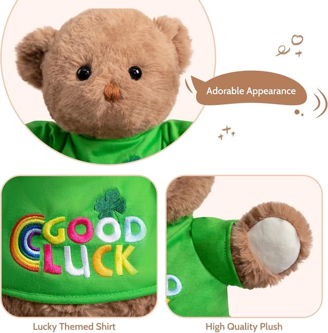Detalle de BEJOY Glücksbär Teddybär (35 cm) mit „Good Luck“-Shirt – kuscheliges Plüschtier als Geschenk