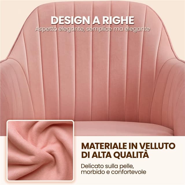Detalle 2 de Yaheetech Sedia da scrivania ergonomica in velluto rosa girevole, reclinabile e regolabile in altezza (portata 136 kg)