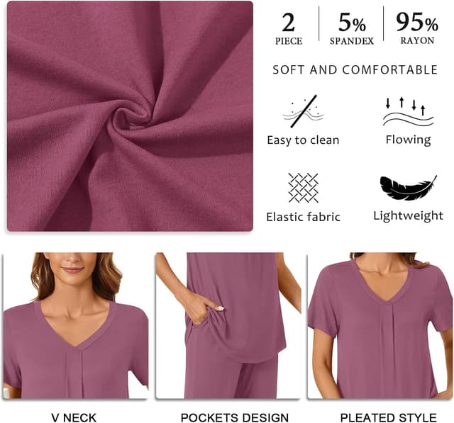 Detalle 2 de Bestbee Women’s 2-Piece Pajama Set (V-Neck Top + Capri Pants with Pockets)