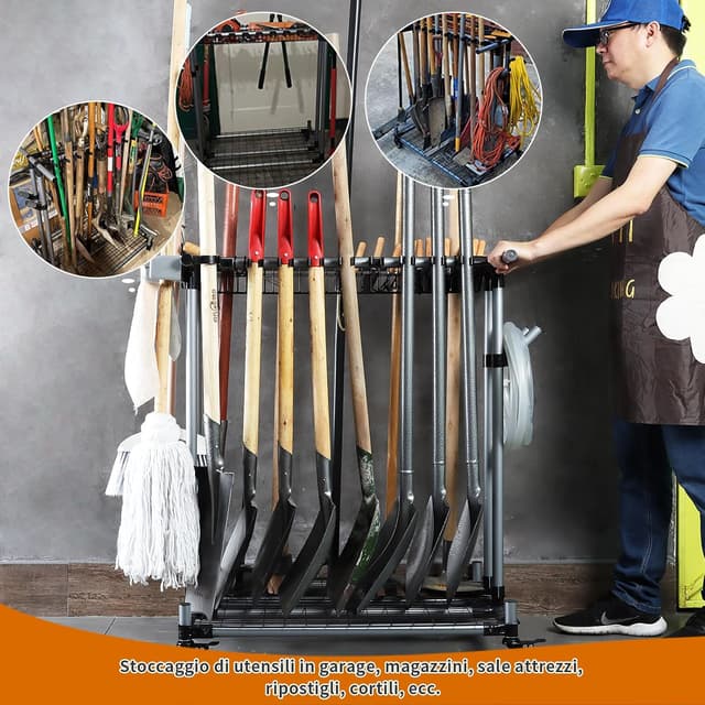 Detalle de QTJH Mehrzweck-Gartengeräte-Aufbewahrungsregal mit Rollen und Klemmsystem (bis zu 20 Langstielgeräte)