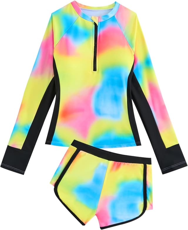 Detalle de JiAmy Mädchen Badeanzug Zweiteiler Set mit Langarm-UV-Schwimmshirt und Badehose (Gr. 122-152)