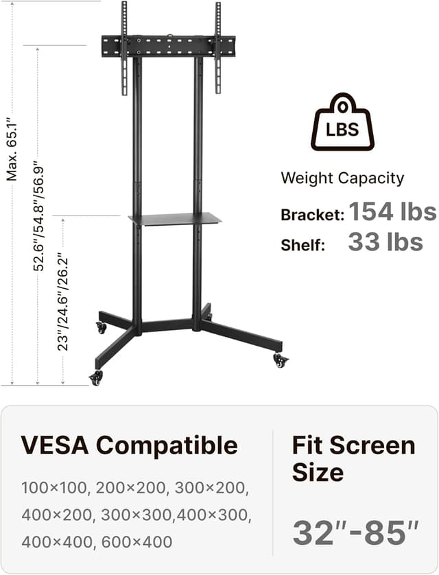 Detalle de ECOTINY Rolling TV Stand for 32–85" with 70 kg load capacity, tilt and locking wheels (Black)