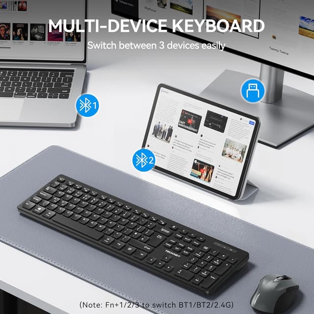 Detalle 2 de TECKNET Wireless Keyboard (2.4G USB + Bluetooth) UK Layout, Full Size Ergonomic Keyboard with 105 Days Standby, Black