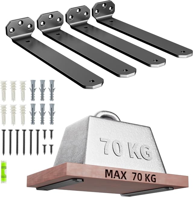 Detalle de HUAEU Heavy Duty L-Shaped Shelf Brackets (10cm) – 4 Pack Black, Wall-Mounted Supports