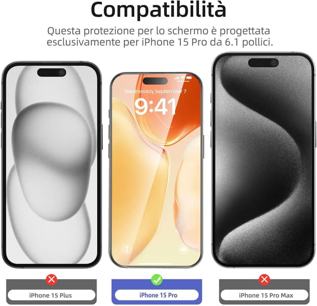 Detalle 2 de NEW’C 3 Pezzi pellicola protettiva schermo intero per iPhone 15 Pro 6,1” (installazione automatica, vetro temperato)