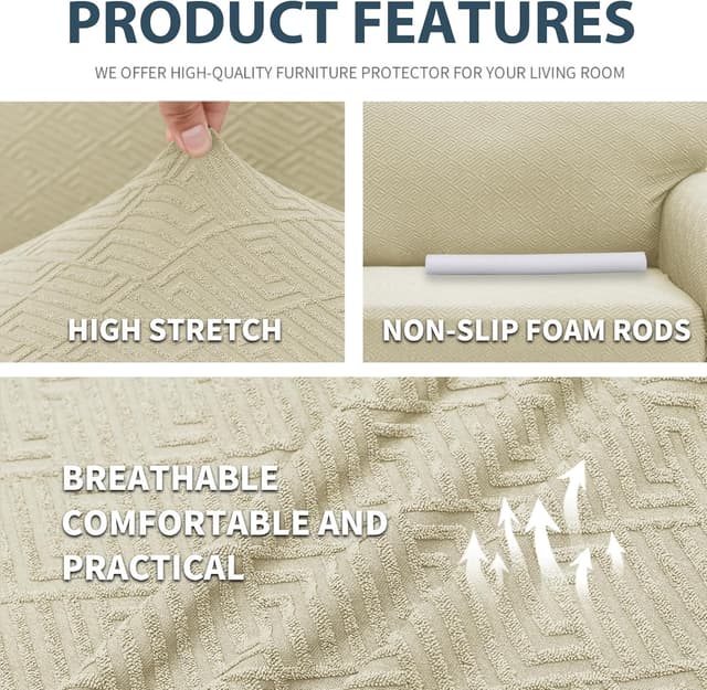 Detalle de Ystyle Housse de canapé extensible 3 places beige clair avec accoudoirs, antidérapante