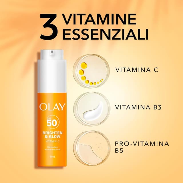 Detalle de Olay Vitamin C Brighten & Glow 3in1 Fluido Idratante SPF50+ (50 ml) – crema/primer con niacinamide