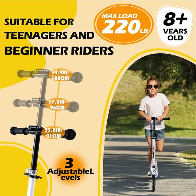 Detalle 2 de Kick Scooter for Kids (Ages 6+) to Adults – Adjustable Handlebars, Rear Brake & Big Wheel Foldable