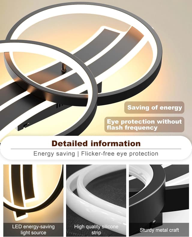 Detalle de MOUNM Lampadario plafoniera LED camera da letto nero con telecomando, dimmerabile 3000K-6000K (30W) e forma a nota musicale