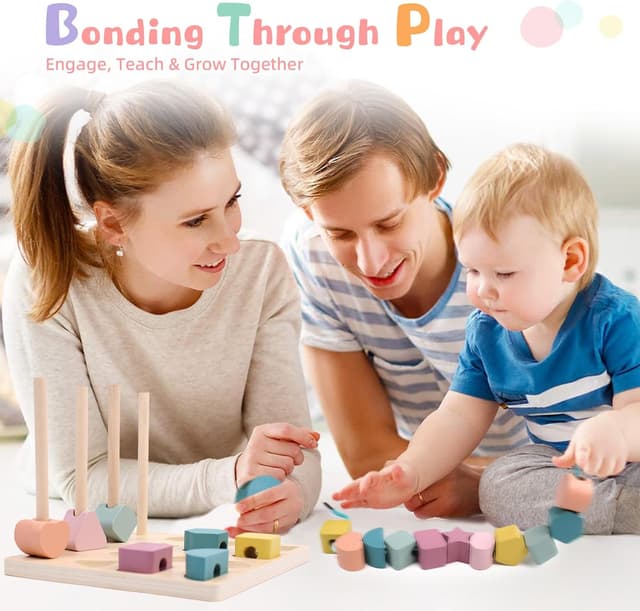 Detalle de wotoyd Montessori Steckspiel & Fädelspiel aus Holz (ab 3–5 Jahren) – 3-in-1 Lernspielzeug