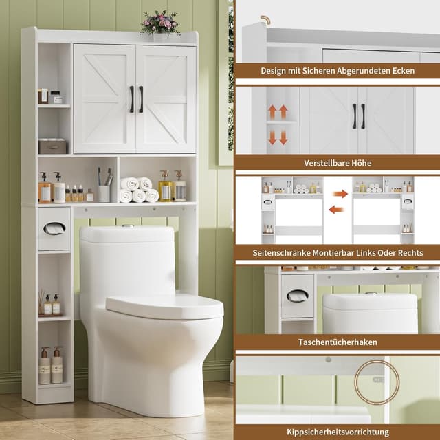 Detalle de BonVache Waschmaschinenschrank mit 2 Türen und Seitenfach – weiß, mit verstellbaren Ablagen