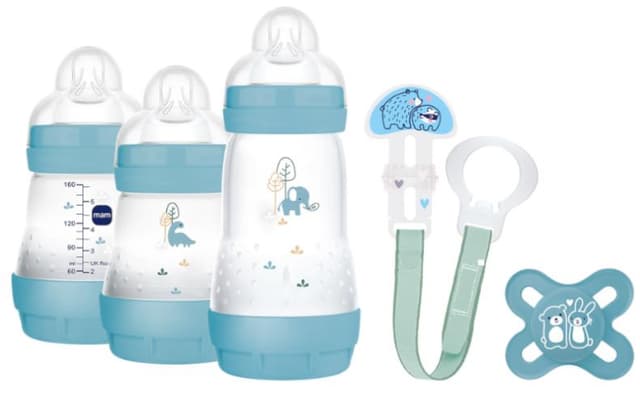 Detalle de MAM Welcome to the World Set Completo de recién nacido azul: biberones Easy Start y chupete Original Start