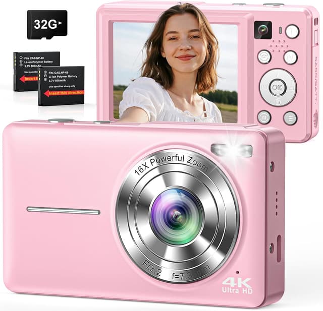 Detalle de Camkory 4K 64MP Digitalkamera mit Dual-Kamera, Autofokus, Blitz & 16x Zoom (rosa)
