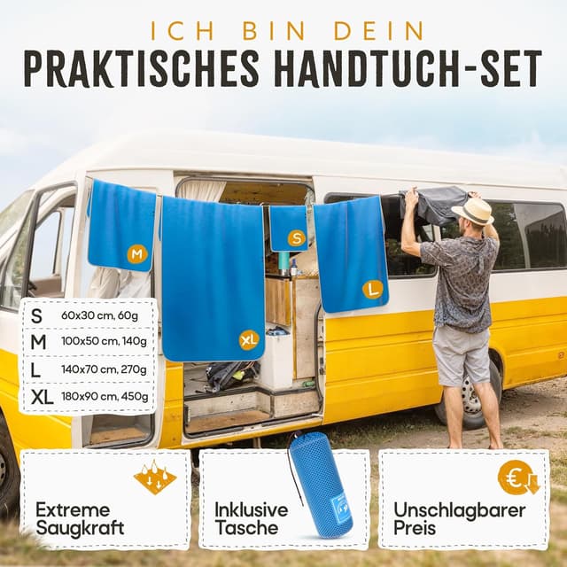 Detalle 2 de Backpacker's Journey Mikrofaser Handtücher Reisehandtuch-Set (S, M, L, XL) – schnelltrocknend, saugfähig & antibakteriell