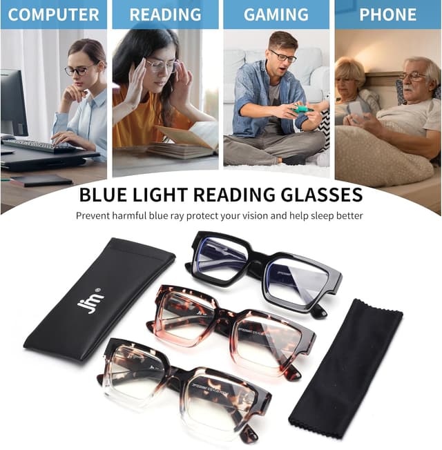 Thumbnail 6 de JM 3 Pack Square Reading Glasses with Blue Light Blocking Lenses