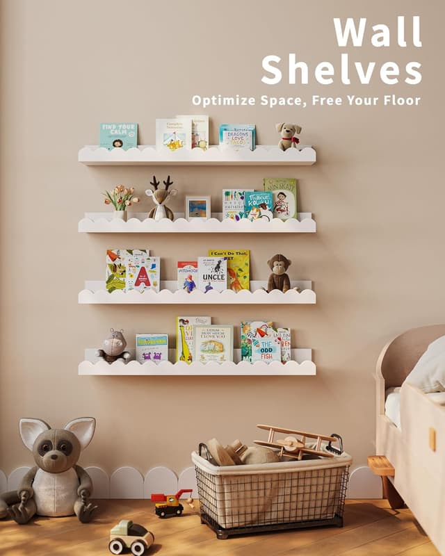 Detalle de Shario Nursery Book Shelves 4-Pack White Floating Scalloped Wall Shelves for Kids