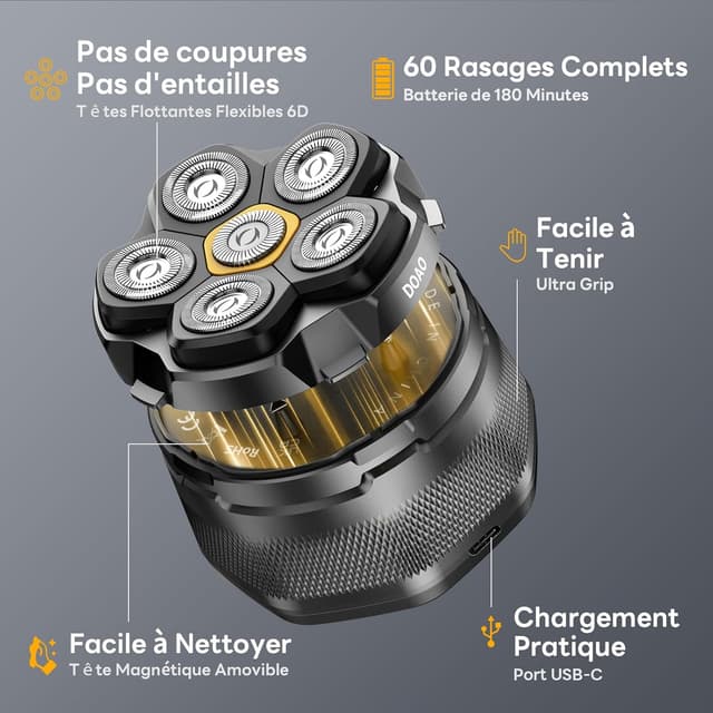 Detalle 2 de DOAO Rasoir Tête Chauve Homme 2024 étanche sans fil à 6 têtes flexibles (USB‑C)