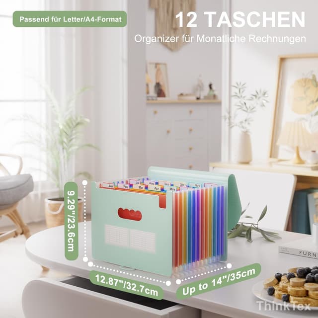 Detalle 2 de ThinkTex 12-Fächer Dokumentenmappe A4 in Morandi Grün – Ordner mit Fächern, Etiketten und Kordelzug