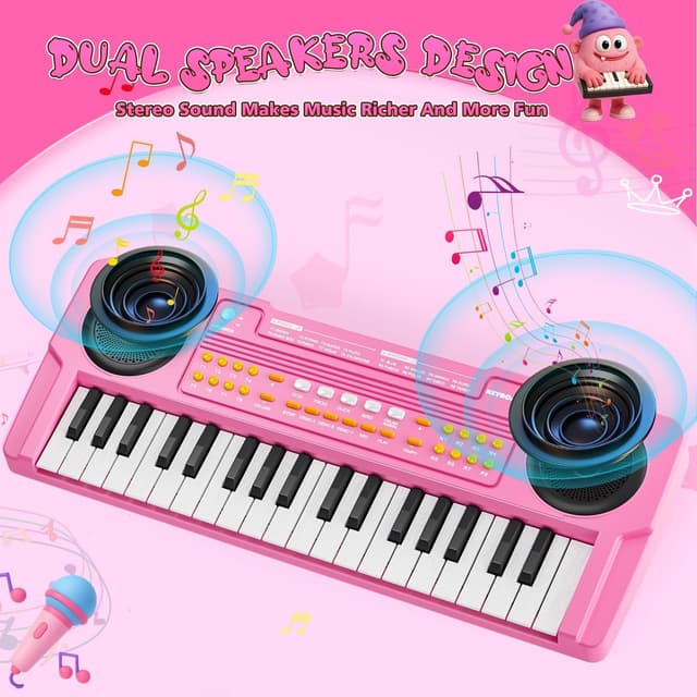 Detalle de Upgraded Kids Piano Keyboard (37 Keys) with Mini Microphone, Pink