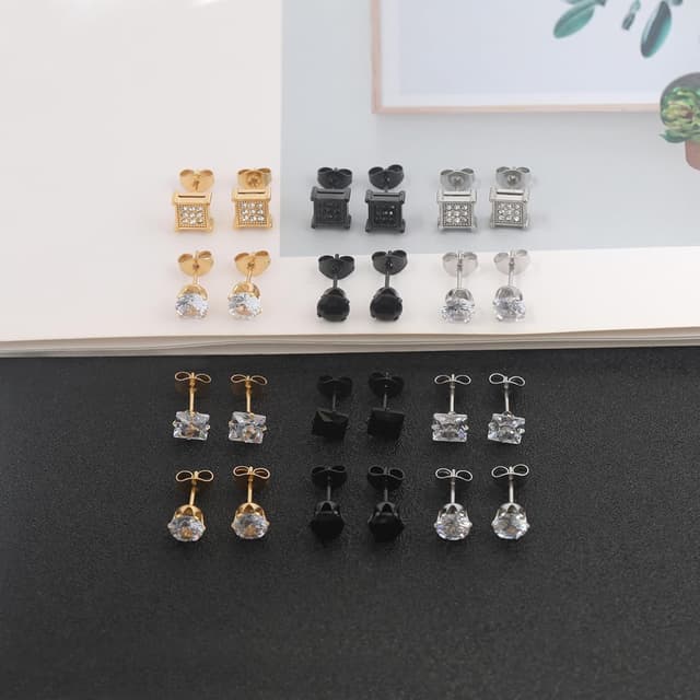 Detalle de BVLAGIDA – Lot de 12 paires de boucles d’oreilles pour homme en acier inoxydable (clous, noir/argent/or)