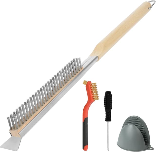 Detalle de OFFCUP Spazzola da forno per pizza con raschietto, 56 cm (setole in acciaio inox e manico in legno)