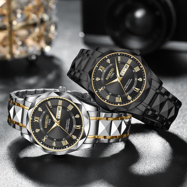 Detalle de NIBOSI Orologio analogico da uomo al quarzo in acciaio inox, impermeabile 3 ATM (30 m) – stile business e casual