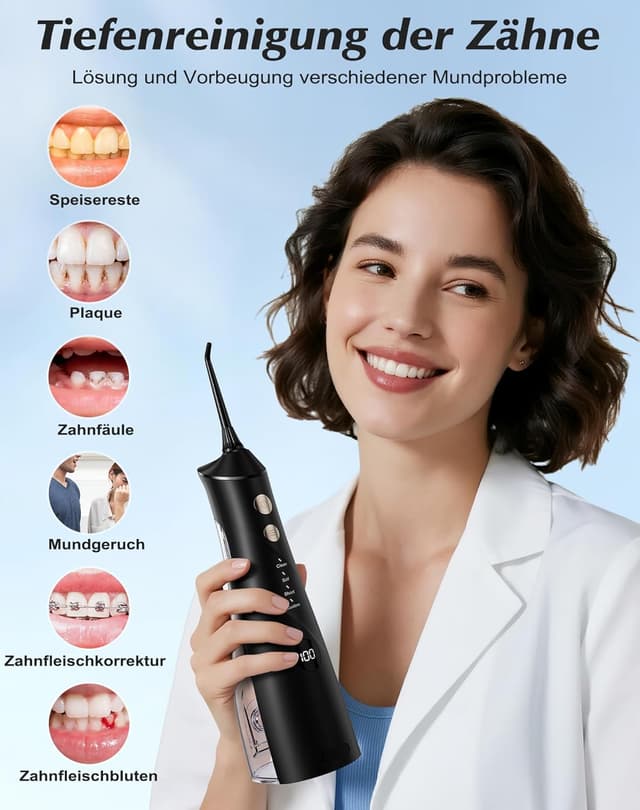 Detalle de Hsweeth kabellose Munddusche (elektrisch) mit digitaler Anzeige, 5 Jet-Tipps & 4 Modi – IPX7 wasserdicht