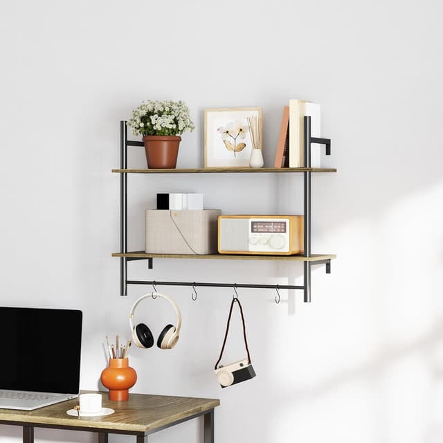 Thumbnail 6 de HOMCOM Floating Shelves wall-mounted shelf with 4 hooks (80cm) in grey