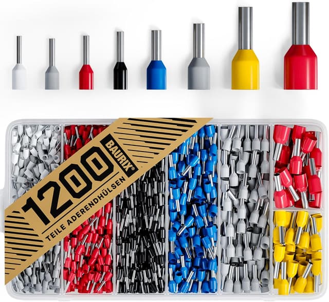 Detalle de BAURIX® Aderendhülsen Set (1200 Stück) isoliert 0,5–10 mm², farbcodiert nach DIN 46228-4